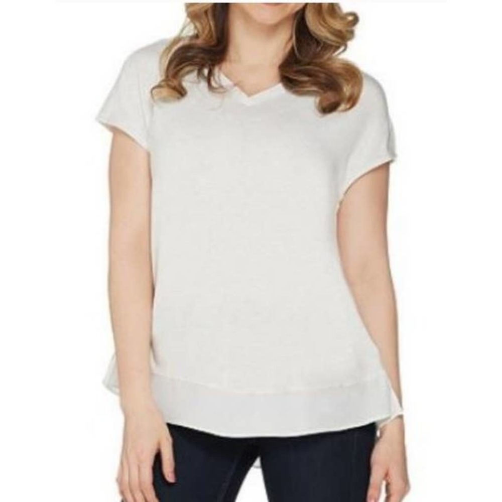 Halston Extended Shoulder V-Neck heather white Top Side Slits Tee L New A303178